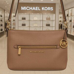 Michael Kors Pebbled Leather Crossbody Bag Taupe Gold Hardware Purse